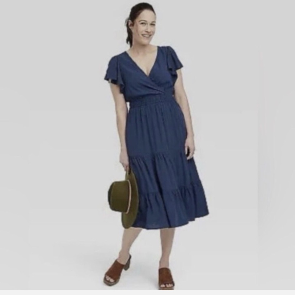 Knox Rose vneck flutter sleeve navy blue dress - Picture 1 of 6